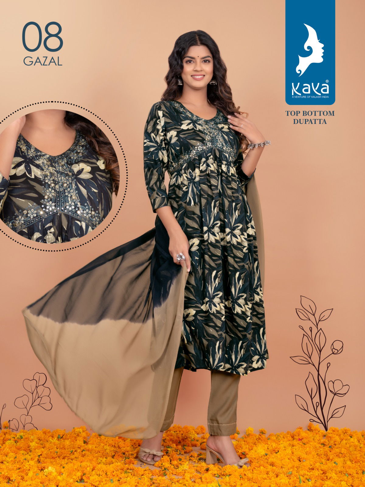 Gazal By Kaya Rayon Alia Cut Kurti With Bottom Dupatta Catalog